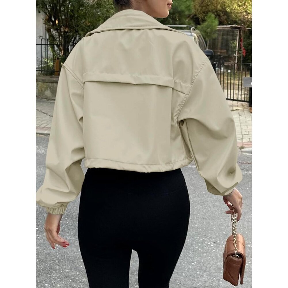 Womens Beige  Tankaneo Cropped Jacket Zip Up Oversized Utility Anorak Coat - Picture 4 of 4